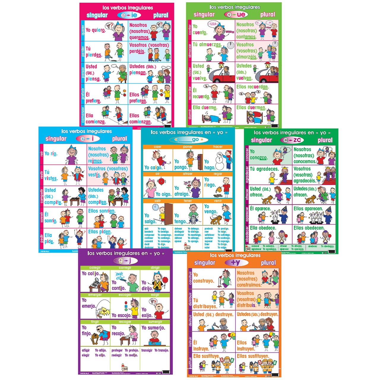 Poster Pals Spanish Educational & Language Teaching Verb Irregular tense Posters, large colorful charts, classroom reference and instruction, 7 pack